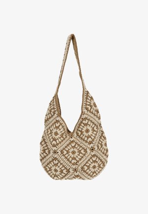 Sac à bandoulière au crochet présentant un motif en losange dans des tons beige et crème, avec une bandoulière unique et une finition texturée.