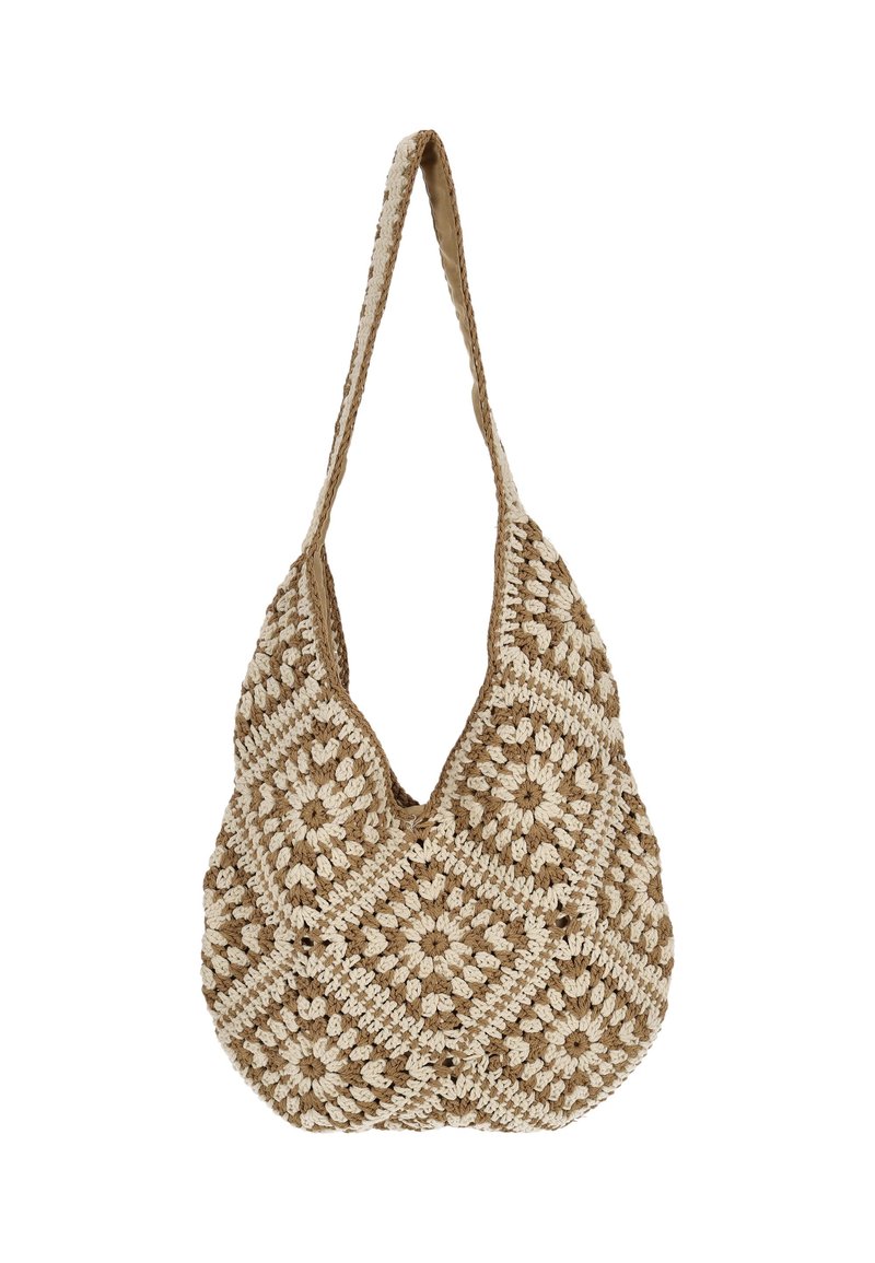 Gehaakte schoudertas met een diamantpatroon in beige en crèmekleuren, voorzien van een enkele schouderband en een gestructureerde afwerking.