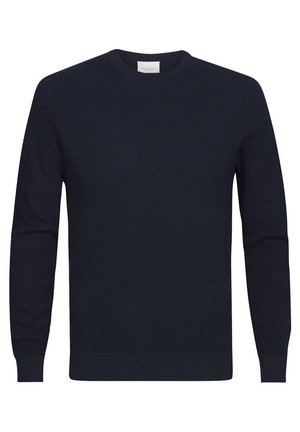 Pull en tricot bleu marine avec un col rond, des manches longues et un motif texturé. Fabriqué en tissu doux, avec des poignets et un ourlet côtelés.