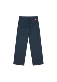 Navy blue pants made of fabric with a smooth texture, featuring a straight-leg design and two back pockets. Red logo accent on waistband.