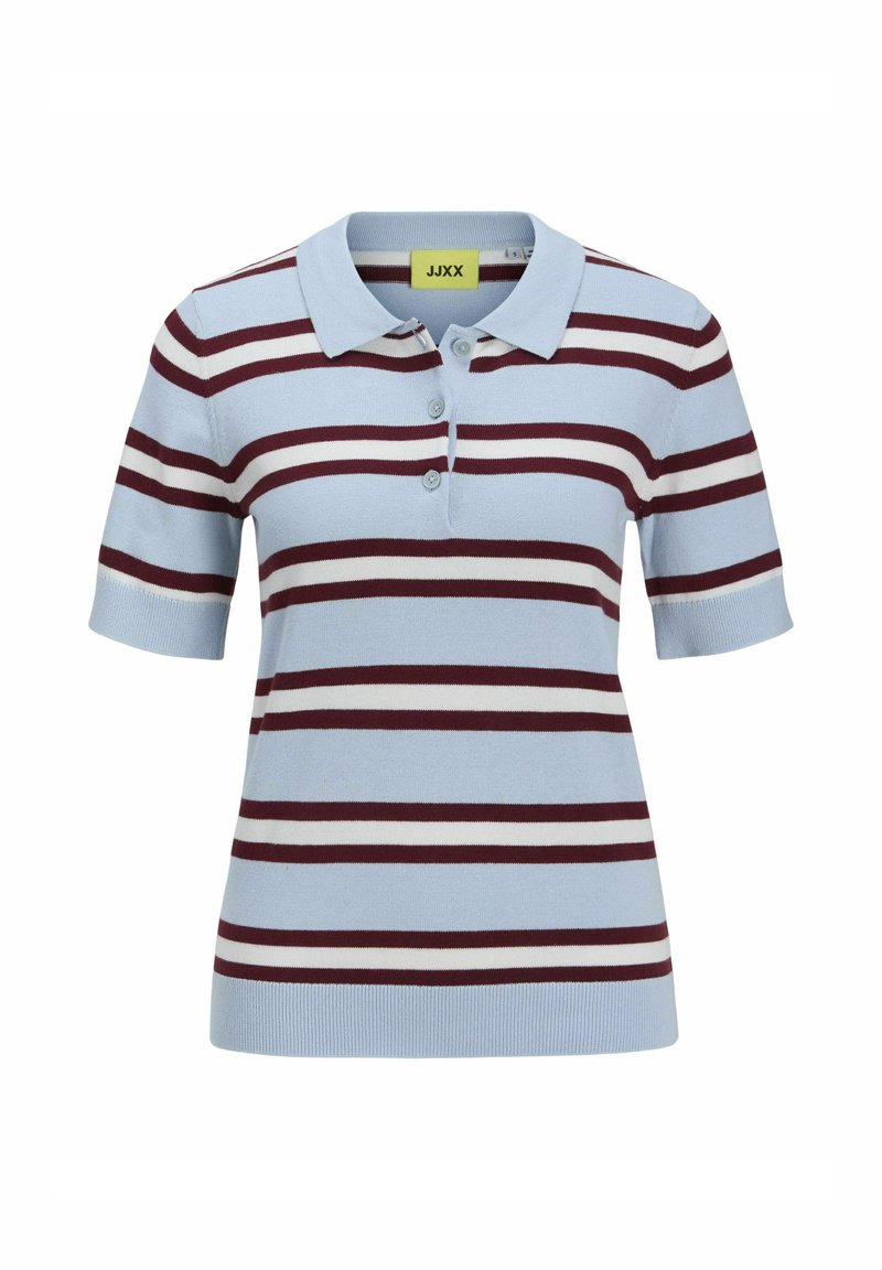 Stripet polo skjorte i lys blå, med maroon og hvide vandrette striber, korte ærmer og detalje med tre knapper.
