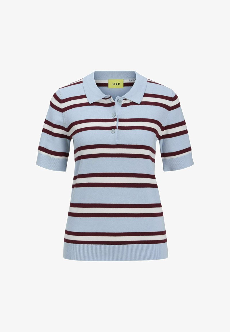 Stripet polo skjorte i lys blå, med maroon og hvide vandrette striber, korte ærmer og detalje med tre knapper.