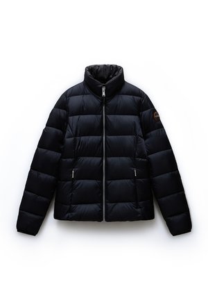 Black puffer jacket with a high collar, quilted design, front zip closure, and two zippered side pockets. Smooth texture and lightweight.