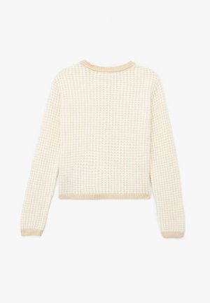 Cremefarbener Strickpullover mit strukturiertem Muster, gerippten Bündchen und Saum sowie rundem Halsausschnitt. Verkürzter Schnitt, Rückansicht gezeigt.