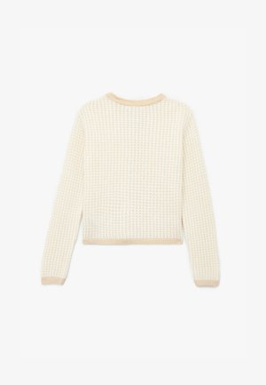 Cremefarbener Strickpullover mit strukturiertem Muster, gerippten Bündchen und Saum sowie rundem Halsausschnitt. Verkürzter Schnitt, Rückansicht gezeigt.