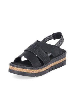 Schwarze Sandale mit offenem Zehenbereich, gekreuzten Lederriemen, Korkzwischensohle, schwarzer Gummisohle und elastischem Fersenriemen mit weißer Naht.