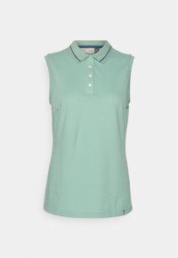 Bezruký polokošile ve světle mátové zelené barvě, vyrobená z bavlněného materiálu, s límečkem, tříknoflíkovou légou a jemnými pruhovanými detaily.