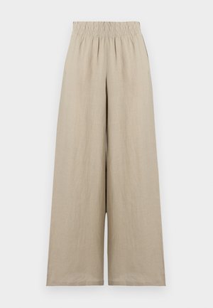 Beige Hosen mit weitem Bein aus leichtem Stoff, mit einem elastischen Bund und einer glatten, strukturierten Oberfläche ohne sichtbare Muster.