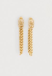 Goldfarbene Ohrringe mit einem Kettendesign, das dekorative kreisförmige Akzente mit kleinen klaren Steinen ziert.