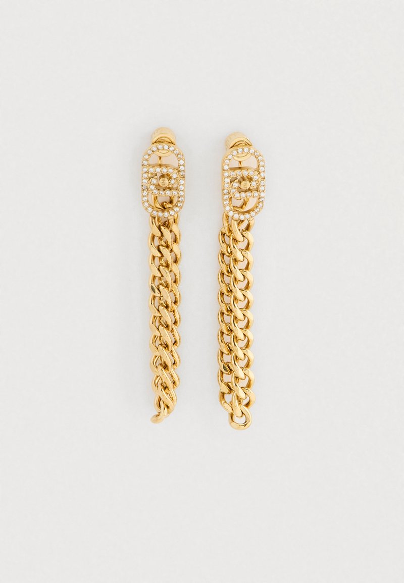 Goldfarbene Ohrringe mit einem Kettendesign, das dekorative kreisförmige Akzente mit kleinen klaren Steinen ziert.