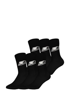 Schwarze Crew-Socken, Fünferpack, mit gerippter Textur und weißem "Starter"-Logo mit Sternakzent. Strapazierfähiger Stoff und klassisches Design.