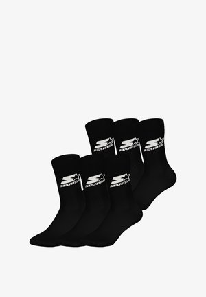Schwarze Crew-Socken, Fünferpack, mit gerippter Textur und weißem "Starter"-Logo mit Sternakzent. Strapazierfähiger Stoff und klassisches Design.