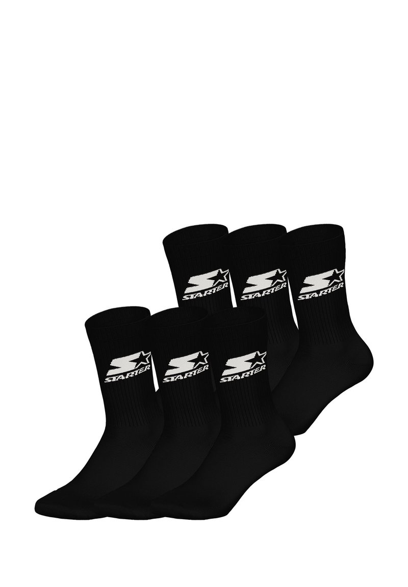 Black crew socks, five-pack, featuring ribbed texture and white "Starter" logo with star accent. Durable fabric and classic design.