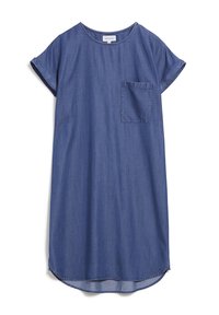 Jeanskjol i mörkblått, korta uppvikta ärmar, rund halsringning, med en bröstficka och en böjd nederkant. Mjuk tyg, avslappnad design.