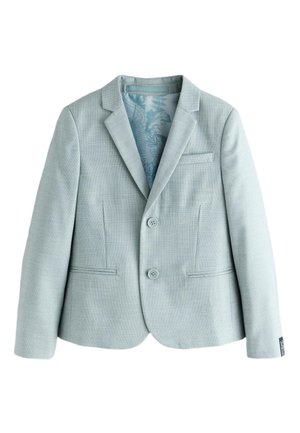 Svetlosivý blejzer s dvoma gombíkmi, rozparkovým golierom, tromi prednými vreckami a kvetovanou vnútornou podšívkou.