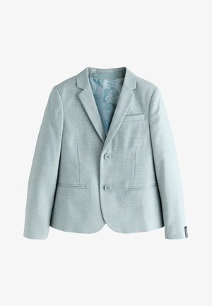 Hellgrauer Blazer mit zwei Knöpfen, geschlitztem Revers, drei Vordertaschen und floraler Innenfutter.