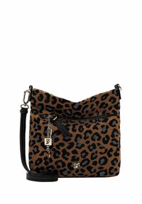 Leopard print crossbody bag in brown and black fabric. Features a front zip pocket, adjustable strap, and a small charm with logo.