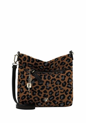 Leopard print crossbody bag in brown and black fabric. Features a front zip pocket, adjustable strap, and a small charm with logo.