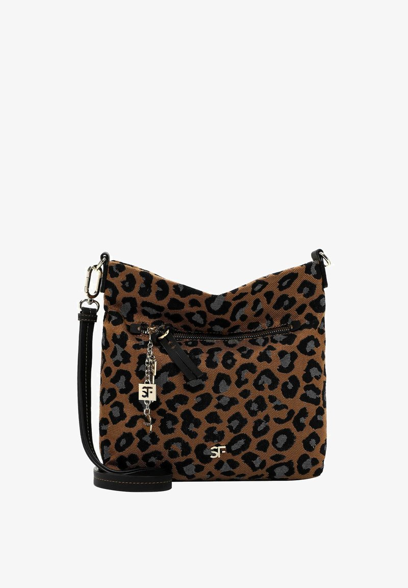 Borsa a tracolla con stampa leopardata in tessuto marrone e nero. Presenta una tasca frontale con zip, una tracolla regolabile e un piccolo charm con logo.