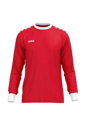Maglia sportiva rossa a maniche lunghe con colletto e polsini bianchi, bottoni bianchi sulle spalle e logo "JAKO" sul lato sinistro del petto, mostrata su uno sfondo semplice.