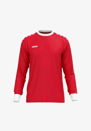 Maillot de sport rouge à manches longues avec col et poignets blancs, boutons blancs sur les épaules et logo "JAKO" sur la poitrine gauche, présenté sur un fond uni.