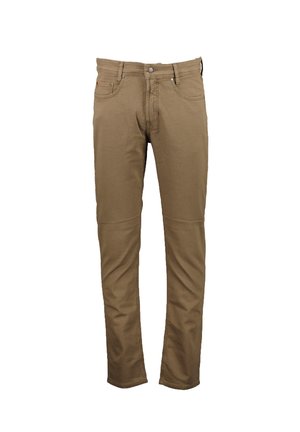 Brown denim pants with a slim fit, five-pocket design, and subtle stitching. Features a metal button closure and belt loops.