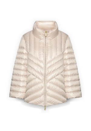 Světlá béžová vatovaná bunda s vysokým límcem, vodorovnými a kosočtverečnými prošívanými vzory a centrálním zlatým zipem.