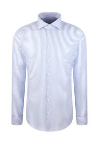 Chemise à manches longues pour homme, à boutons, avec des rayures verticales bleu clair et blanches et un col classique, présentée sur fond blanc.