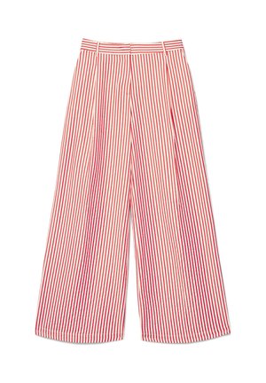 Pantalon à jambes larges avec des rayures verticales rouges et blanches, des passants pour ceinture, et une taille plate à l'avant.