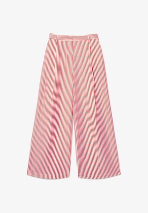 Weit geschnittene Hosen mit vertikalen rot-weiß gestreiften Streifen, Gürtelschlaufen und einem flachen Bunddesign vorne.