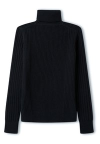 Svart polotröja med ribbad textur, långa ärmar och en figurnära design. Enkelt, enfärgat utan mönster eller detaljer i metall.