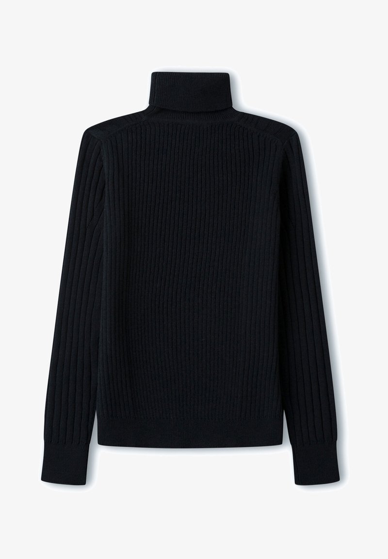 Svart polotröja med ribbad textur, långa ärmar och en figurnära design. Enkelt, enfärgat utan mönster eller detaljer i metall.