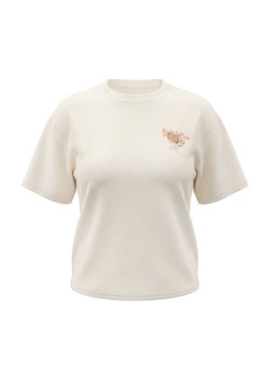 Kremowy t-shirt z krótkim rękawem z małym misiem i napisem „Switch Pink” po lewej stronie klatki piersiowej, przedstawiony na jednolitym białym tle.