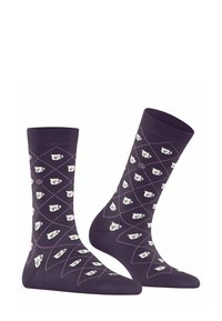 Chaussettes en coton violettes avec un motif en losanges et des tasses à thé, bord en côtes texturées et finition lisse sur toute la surface.