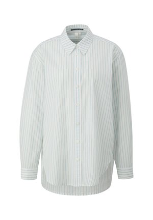 Camisa de botones en rayas azul claro y blanco, con cuello clásico, mangas largas y dobladillo redondeado. Fabricada en tejido ligero.
