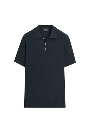 Dunkel marineblaues kurzärmliges Poloshirt mit Rippstruktur und drei weißen Knöpfen auf der Knopfleiste, auf weißem Hintergrund dargestellt.