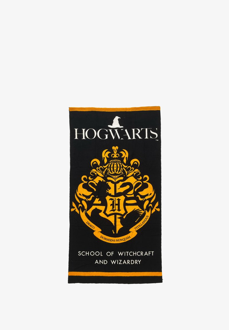 Schwarzes und gelbes Hogwarts-Handtuch mit Wappen, dem Sortierhut und dem Text "Schule für Hexerei und Zauberei."