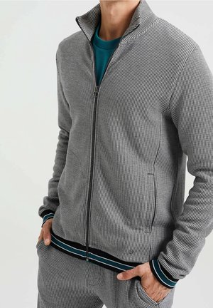 Mężczyzna ubrany w szarą i czarną kurtkę na zamek błyskawiczny w kratę piórkową z mankietami w turkusowo-czarne paski oraz pasujące spodnie, ręce w kieszeniach.