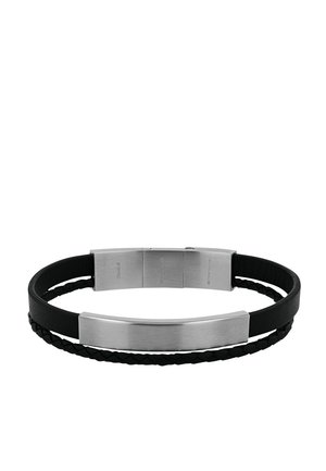 Schwarzes Lederarmband mit zwei Bändern, eines geflochten, mit gebürsteter silberner rechteckiger Schließe und Platte.