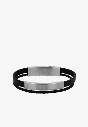 Schwarzes Lederarmband mit zwei Bändern, eines geflochten, mit gebürsteter silberner rechteckiger Schließe und Platte.