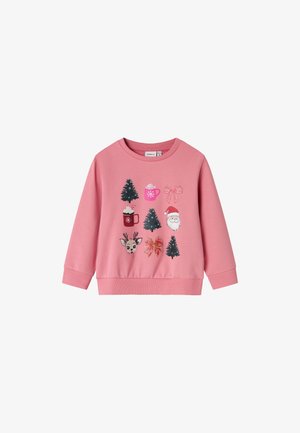 Pinkes Kinder-Sweatshirt mit langen Ärmeln und Weihnachtsmotiven, darunter Bäume, Weihnachtsmann, Rentiere, Schleifen und Tassen mit heißen Getränken.