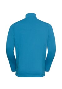 Pull à manches longues de couleur bleu vif, avec un col montant et une texture côtelée. Design simple sans matériel ni motifs visibles.