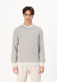Knitted sweater in light gray with diamond pattern, ribbed crew neck and cuffs, featuring a small logo detail on the sleeve.