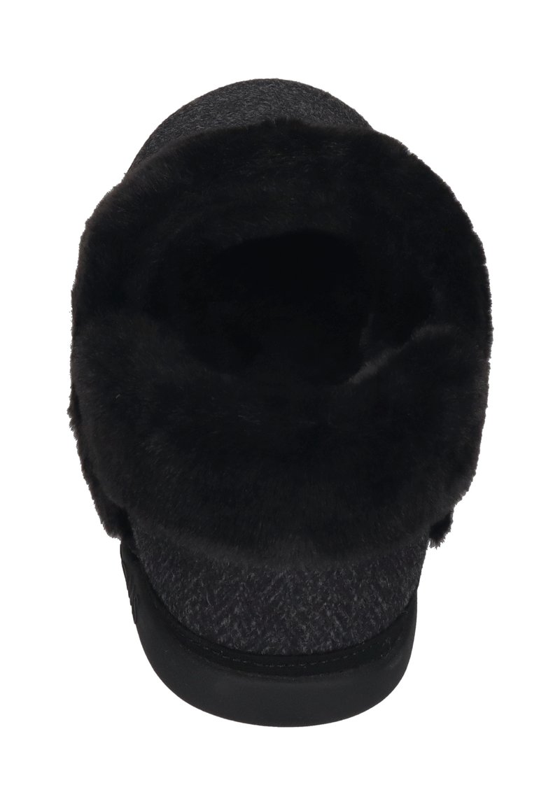 Schwarze Hausschuhe mit Kunstfellfutter, weichem Textiloberteil und dicker schwarzer Gummisohle. Offenes Rückendesign mit leicht erhöhter Ferse.