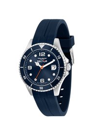 Orologio con cinturino in silicone blu, lunetta in acciaio inossidabile argento, quadrante blu, grandi indicatori delle ore bianchi, lancetta dei secondi arancione e finestra della data alle 3.