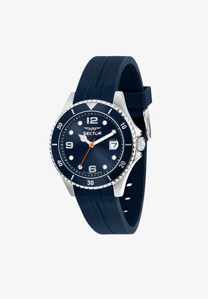 Orologio con cinturino in silicone blu, lunetta in acciaio inossidabile argento, quadrante blu, grandi indicatori delle ore bianchi, lancetta dei secondi arancione e finestra della data alle 3.