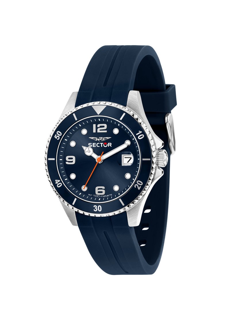 Orologio con cinturino in silicone blu, lunetta in acciaio inossidabile argento, quadrante blu, grandi indicatori delle ore bianchi, lancetta dei secondi arancione e finestra della data alle 3.