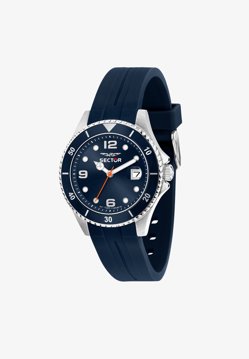 Orologio con cinturino in silicone blu, lunetta in acciaio inossidabile argento, quadrante blu, grandi indicatori delle ore bianchi, lancetta dei secondi arancione e finestra della data alle 3.