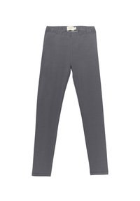 Grå leggings gjorda av mjukt tyg med elastisk midja och en figurpassande design, med en slät textur och utan synliga mönster.