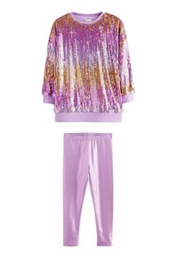 Pailletetop i pink og guld ombre design med lange ærmer og ribbede manchetter, parret med glitrende lavendel leggings.